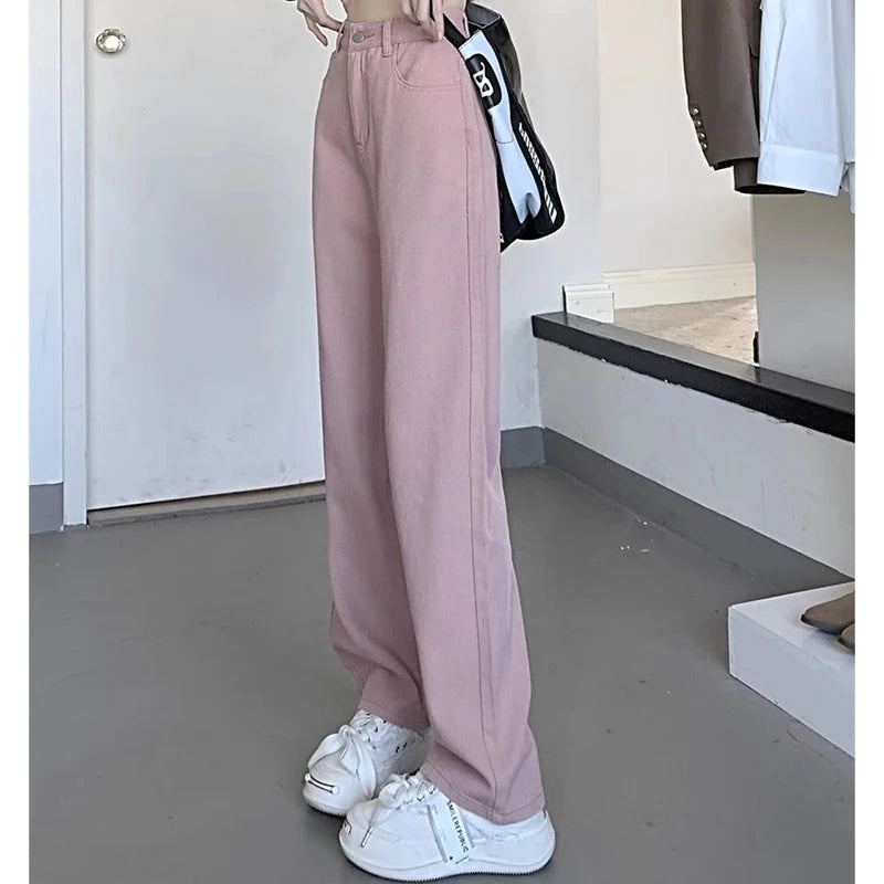 Woman Vintage Wide Leg Jeans Girls High Waist Pants Female Fashion Black Black Grey Retro Blue Light Blue Pink Denim Trousers - Matrix-studios.com