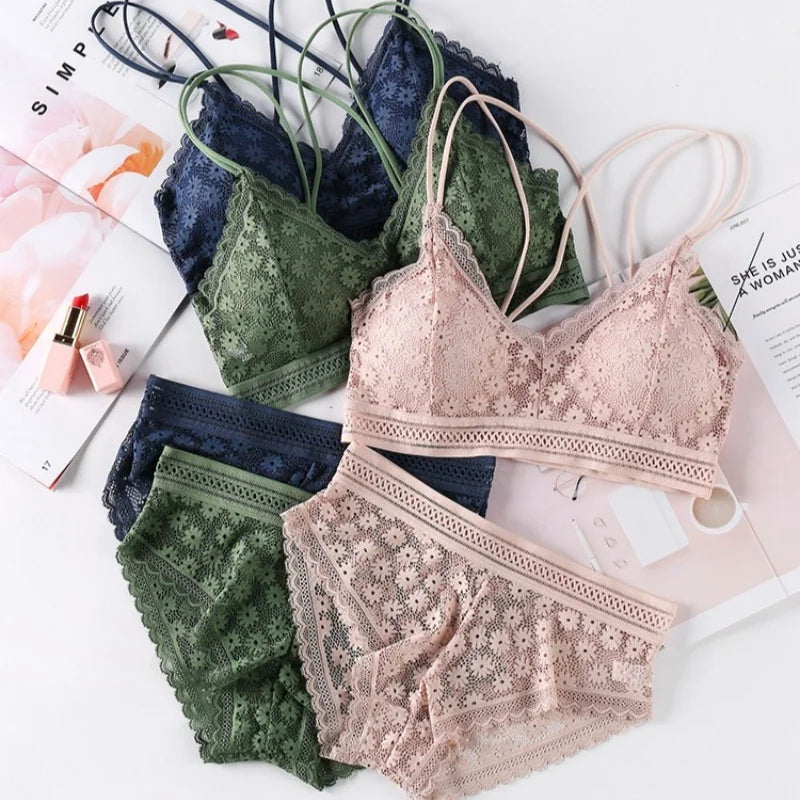 Women Lace Bra And Briefs Set Backless Bralette Solid Color Underwear Wireless Lace Bra Top Sexy Lingerie Set Female Intimates - Matrix-studios.com