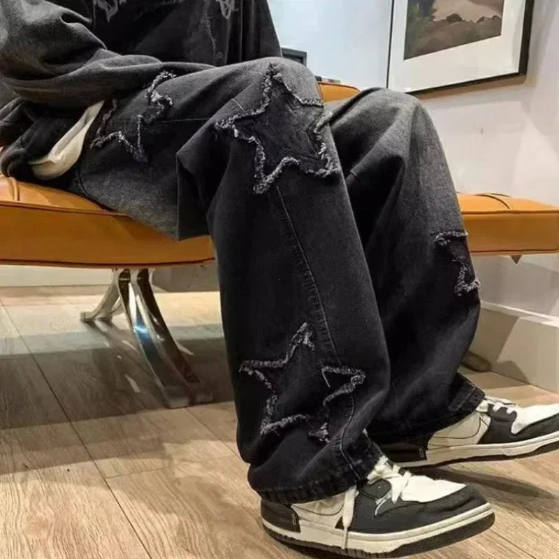 2025 New Fashion Stars Towel Embroidery Brown Men Jeans Pants Y2K Clothes Straight Hip Hop Cotton Trousers Pantalon Homme - Matrix Studios