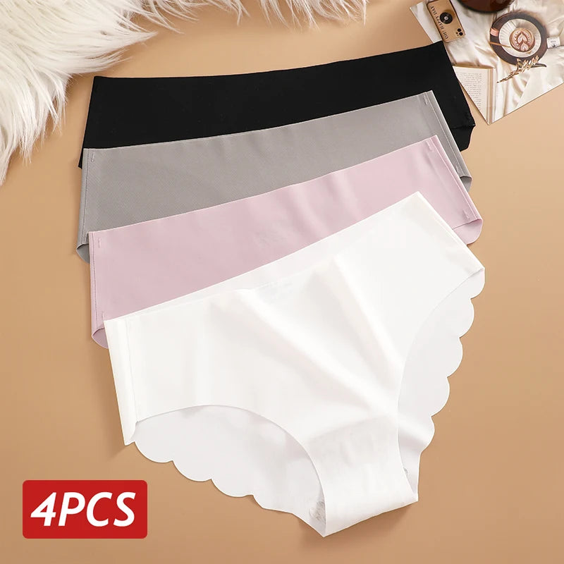 Ice Silk Seamless Panties 4PCS/Set Women's Briefs Solid Color Elastic Underwear Female Ultra Thin No Trace Wavy Side Panties - Matrix Studios