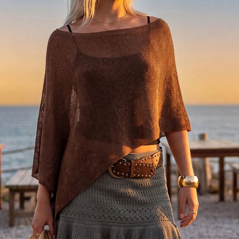 Women Boho Sheer Knitted Poncho Crop Top Irregular Asymmetric Batwing Sleeve Beach Cover Up Off Shoulder Summer Shawl T-shirt - Matrix Studios