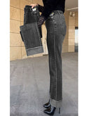 Middle-aged Women's Jeans Spring Autumn Stretch Waist Straight Denim Pants Large Size Loose High Waist Casual Black Blue Trouser - Matrix-studios.com