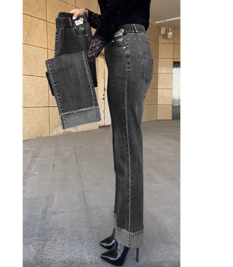 Middle-aged Women's Jeans Spring Autumn Stretch Waist Straight Denim Pants Large Size Loose High Waist Casual Black Blue Trouser - Matrix-studios.com