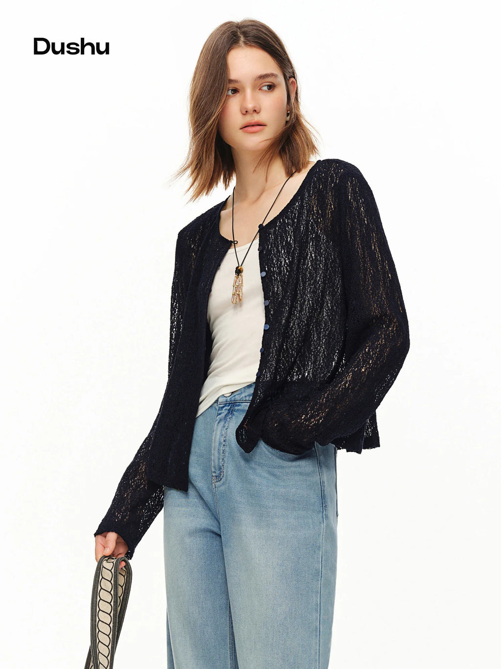 DUSHU 2026 Summer Women's Textured Beaded Button Relaxed Cardigan, Openwork Loose Knit Top for Coquette & Soft Layering Style - Matrix Studios