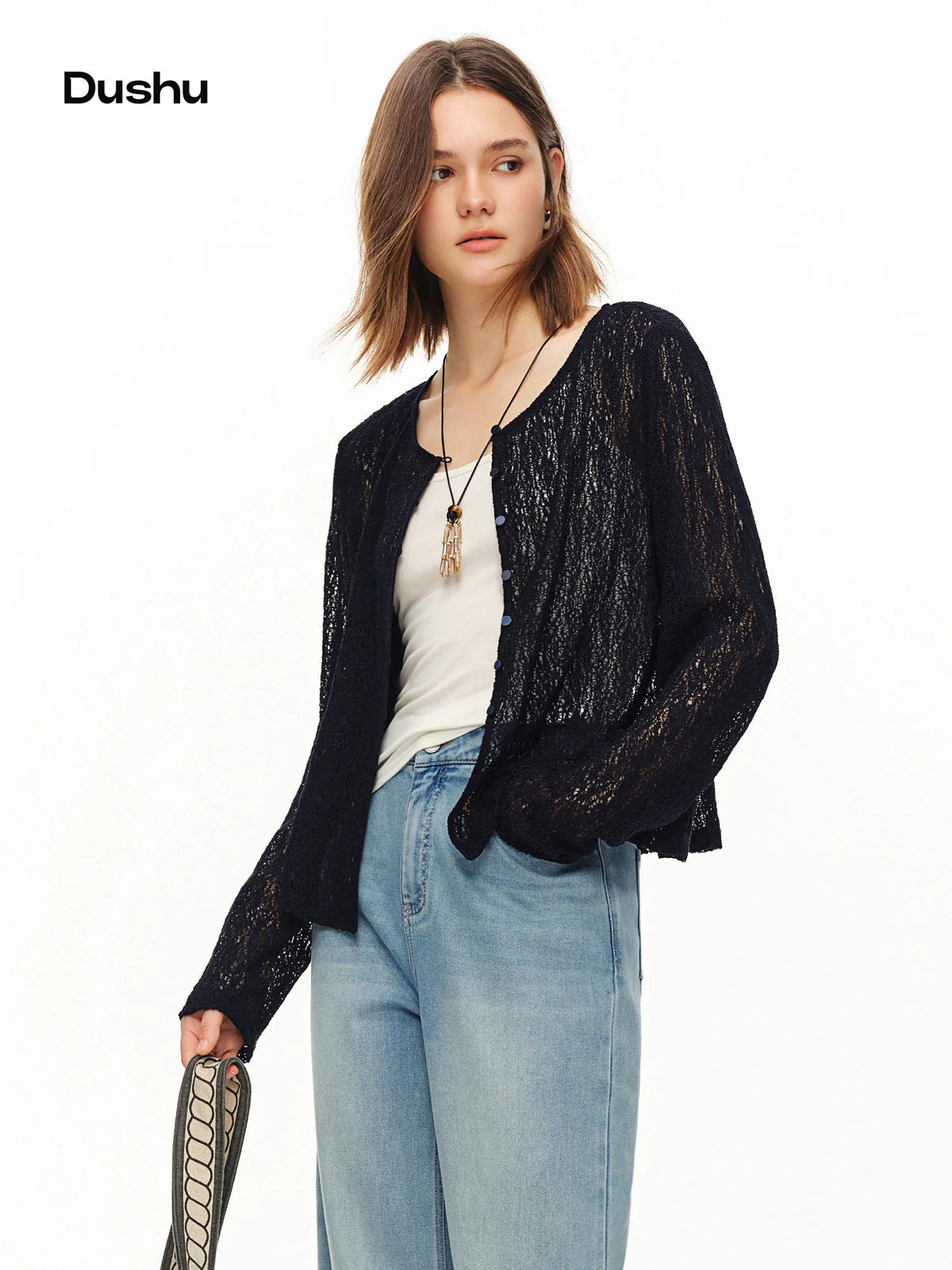 DUSHU 2026 Summer Women's Textured Beaded Button Relaxed Cardigan, Openwork Loose Knit Top for Coquette & Soft Layering Style - Matrix Studios