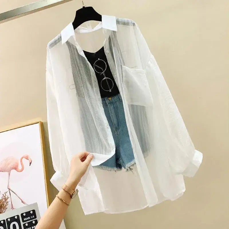 Summer Sunscreen Shirt Elegant Perspective Thin Chiffon Blouse Korean Harajuku See Through Loose Top Casual Women's Cardigan - Matrix-studios.com