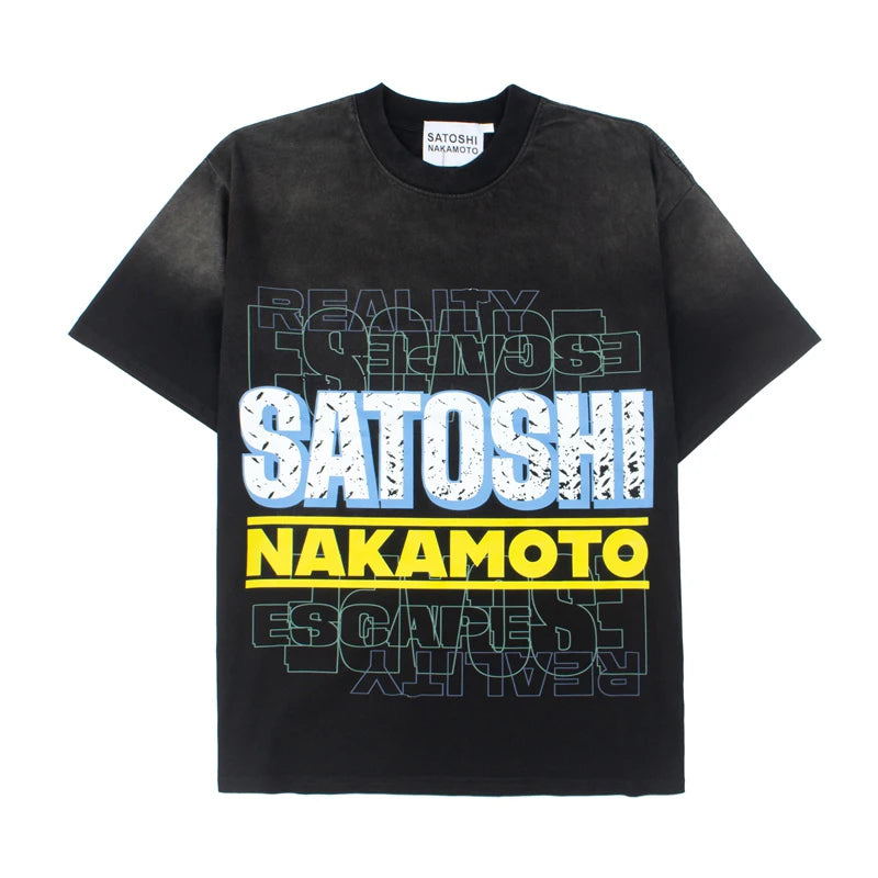 Europe America Trend Street Brand Satoshi Nakamoto T Shirts Colorful Letter Prints Washed Short-sleeved Men Women Loose Top Tee - Matrix-studios.com