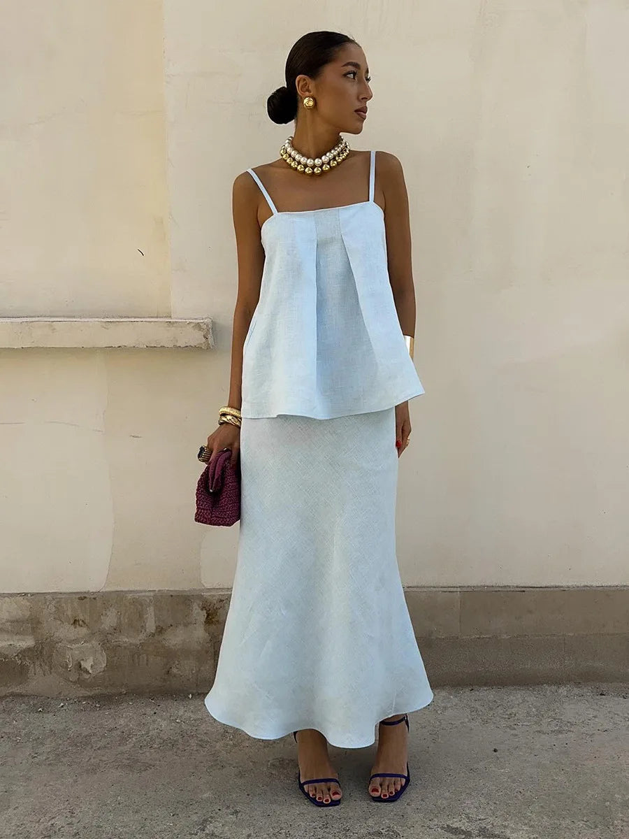 Bornladies 2026 Spring Summer New Cotton Women's Cami Skirt Set Elegant Lazy Cami Mermaid Maxi Skirt Two-Piece Outfit - Matrix-studios.com