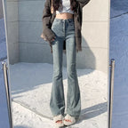 2024 Woman High Waist Vintage Flare Jeans Female Gothic Elastic Bell Bottom Pants Lady Streetwear Blue Black Grey Denim Trousers - Matrix-studios.com