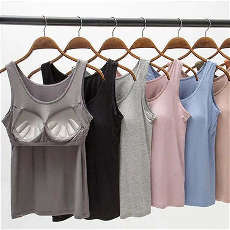 2026 Women's Vest Tops With Built In Bra Neck Vest Padded Slim Fit Tank Tops Sexy Shirts Feminino Casual Underlay shirt slimming - Matrix-studios.com