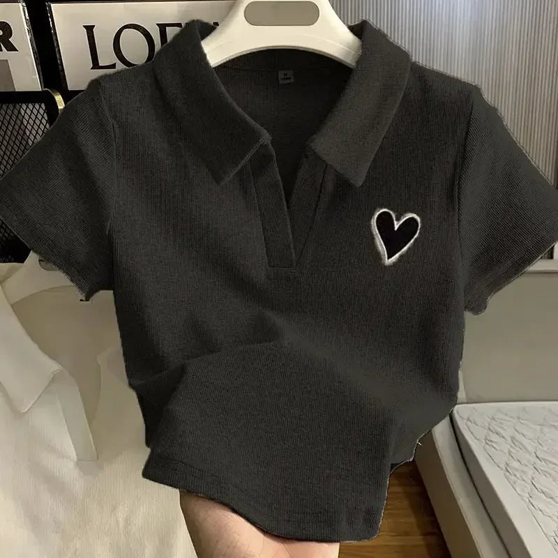 Loves Embroidery T-shirt Polo Collar Orthoshoulder Slim Hotsweet Women's Crop Top Korean Fashion Hottie Simple Casual Wholesale - Matrix-studios.com