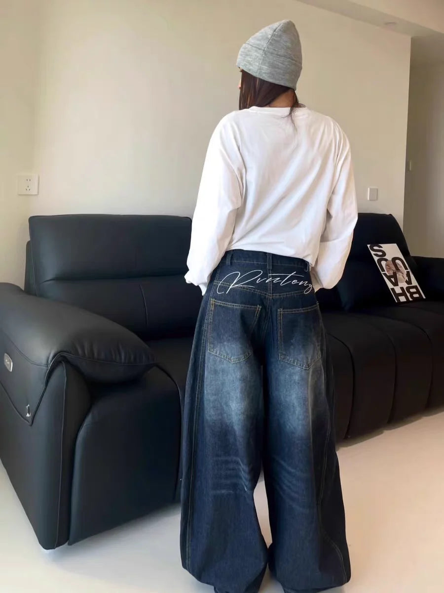Casual Womens Y2K Loose Baggy Jeans Blue Washed High Street Vintage Cargo Pants Wide Leg Oversized Trousers Y2K Pants - Matrix-studios.com