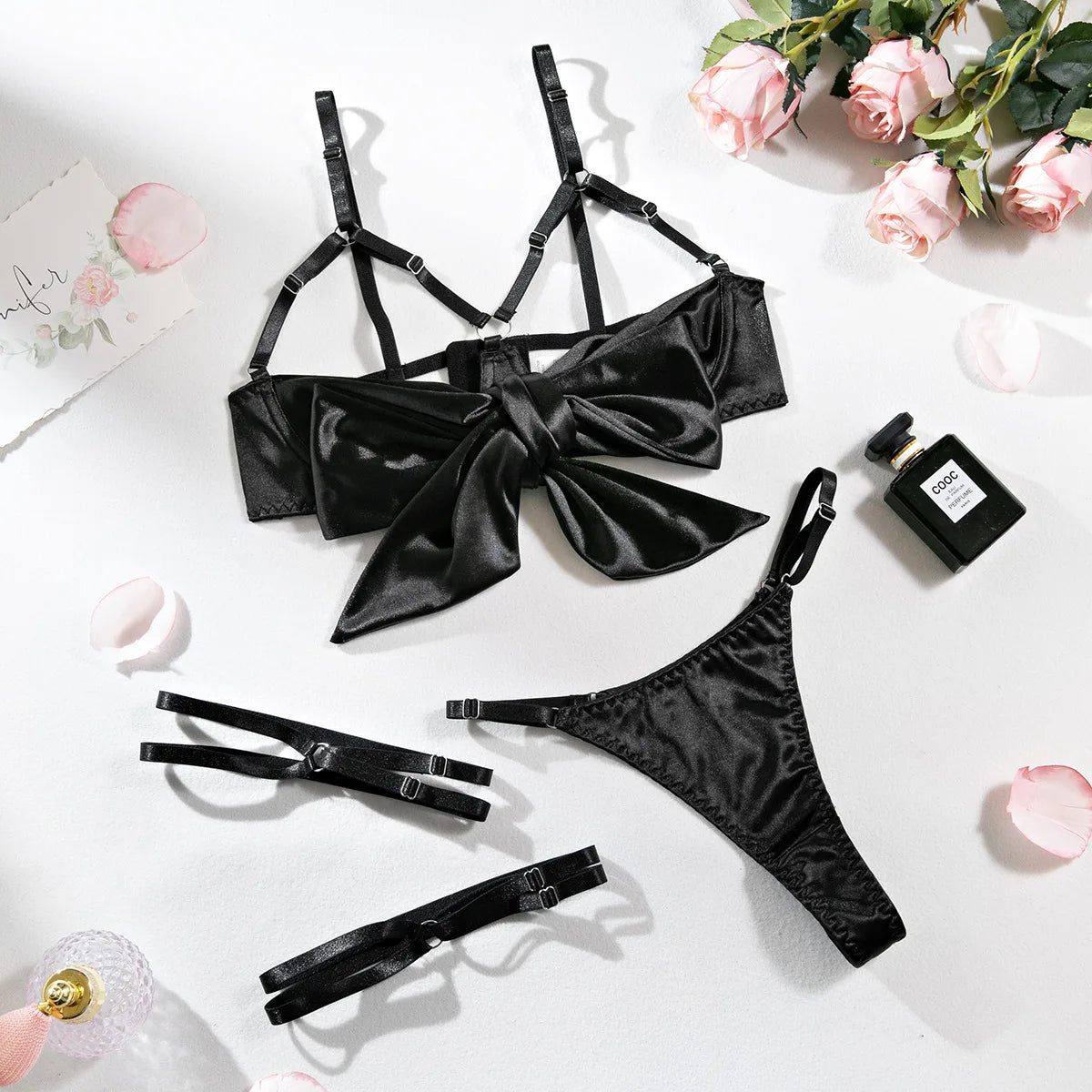 Sexy Solid Stain Lingerie Set Women's Hollow Out Bow Lace Up Exotic Apparel Suit Pure Desire Style Uniform Underwear Bra & Brief - Matrix-studios.com