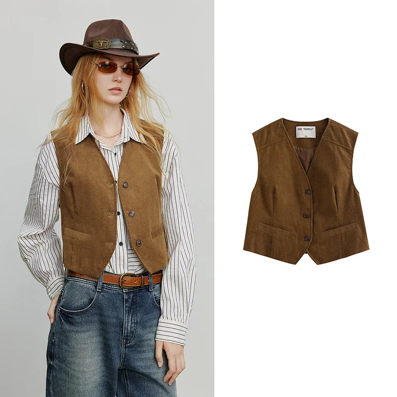 TOYOUTH Women Sleeveless Jacket 2025 Autumn New Retro Old Money Corduroy Slim Waist Short Tank top - Matrix Studios