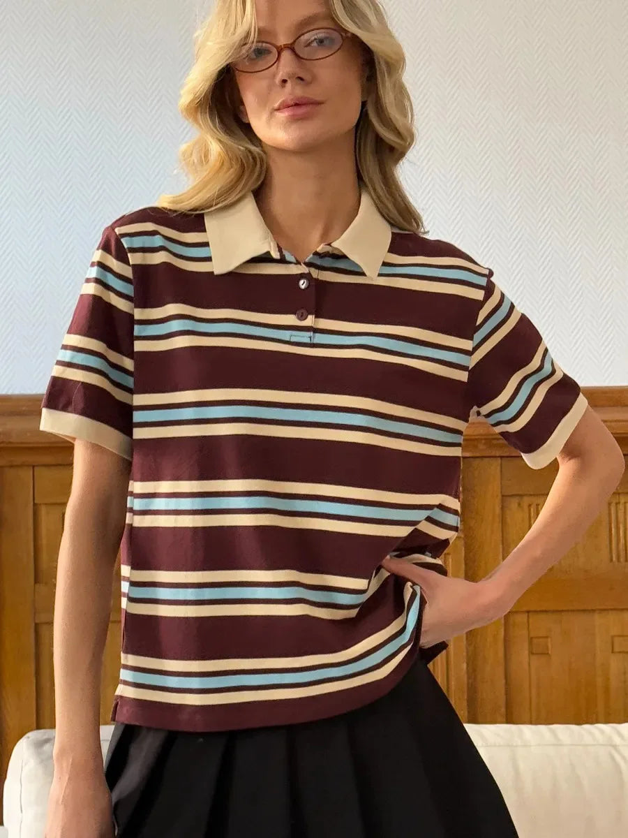 Sumuyoo Women's Retro Striped Polo T-Shirt Loose Fit Short Sleeve Casual Knitted Shirt Fashionable Summer Top for Ladies - Matrix-studios.com