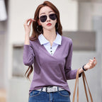 European Station Long sleeved T-shirt Women's Spring/Summer New High end Fashion Contrast Color Polo Neck Slim Fit Casual Top - Matrix-studios.com