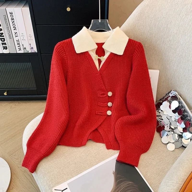 New 2026 Autumn Winter Design Splicing Slim Women Knitted Cardigan Sweater Jacket Fashion Fake Two Items Loose Ladies Top - Matrix Studios