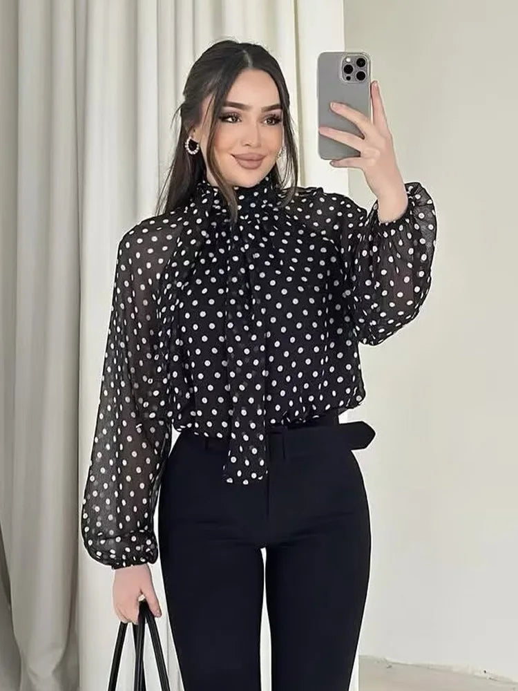 Women Polka Dot Print Blouse Casual High Collar Long Sleeve Lady Top Simple Women's Blouse Female Shirts & Blouses - Matrix-studios.com
