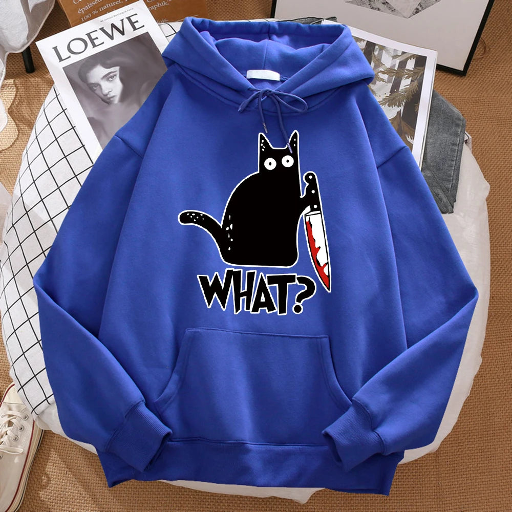 What Cute Little Black Cat Holding A Knife Men Hoodie Street Fleece Hoody Hipster Autumn Sweatshirt Hip Hop Clothing Woman - Matrix Studios