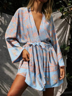 Multi Floral Print Sashes Kimono Women V Neck Batwing Sleeves Happie Bohemian Short Robe  Beach Boho Bikini Cover-ups - Matrix Studios