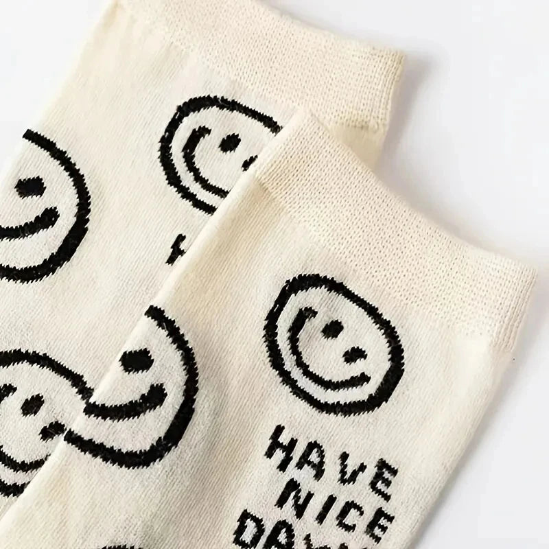 5/10 Pairs Happy Face Crew Socks , Cartoon Cat Breathable Cotton Mid Tube Socks, Women's Stockings & Hosiery - Matrix Studios