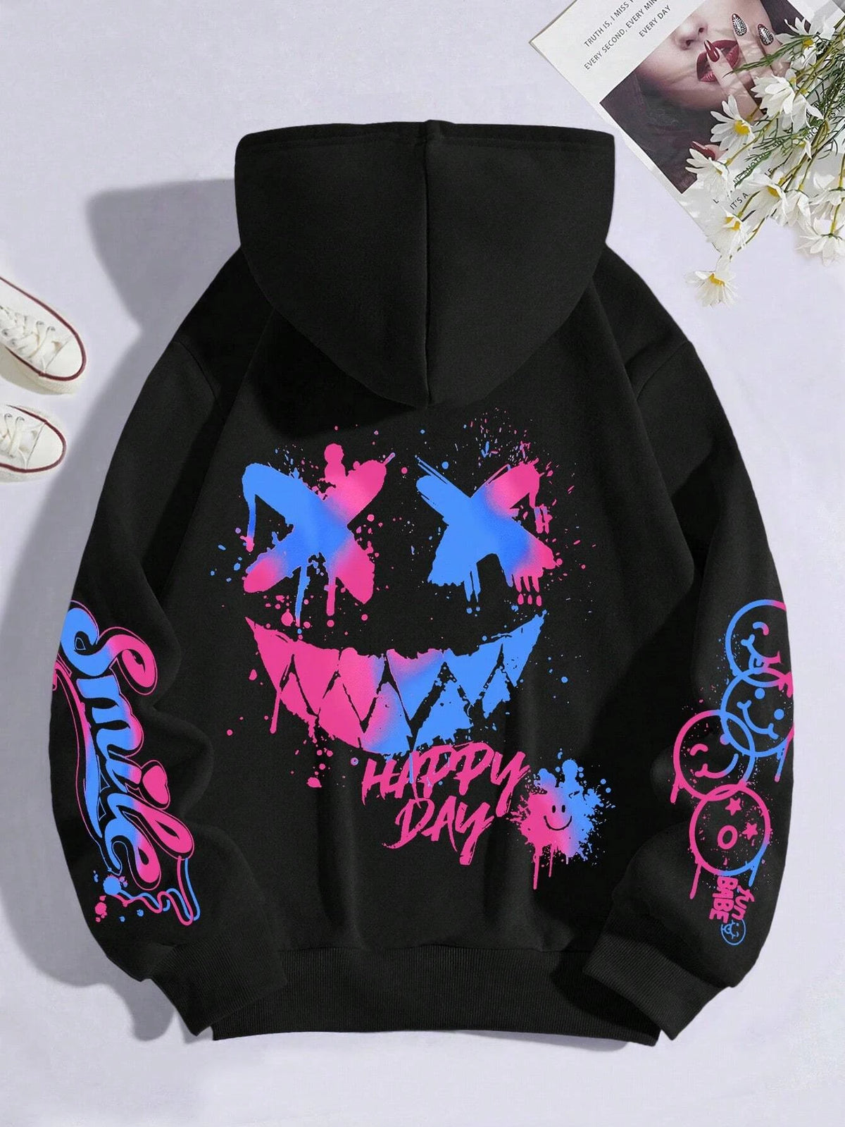 Happy Day Graffiti Print Women Hoodie Street Hip Hop Hoody Fashion Crewneck Versatile Hoodies Vintage Oversize Clothes Female - Matrix Studios