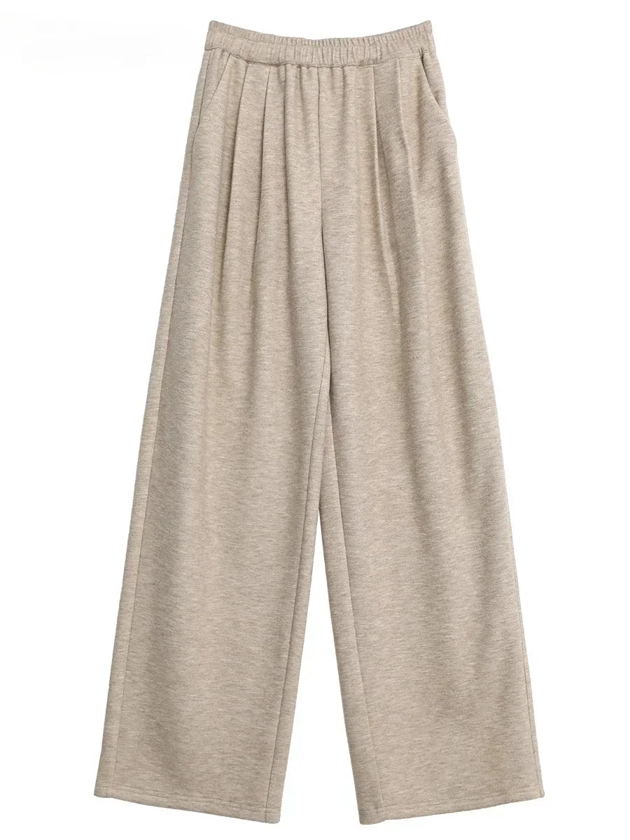 CHIC VEN Women Pants New High Waisted Pleated Casual Soft Wide Leg Pant Female Thicken Trousers Sport Solid Plush Winter 2024