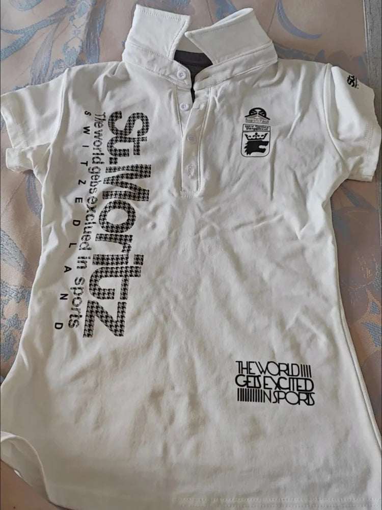 Y2K Japanese Streetwear Polo Shirt Women Slim Crop Tee 2025 White Short Sleeve Tops Letter Badge Houndstooth Vintage Harajuku - Matrix-studios.com
