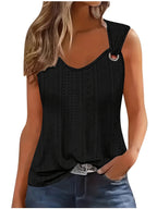 Women's Eyelet Embroidery Tank Top Symmetrical Straps with Buckle V Neck Casual Sleeveless Cami Tops - Matrix-studios.com