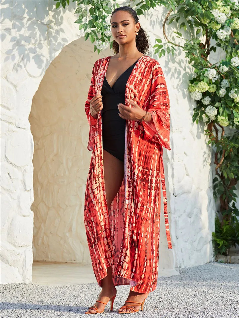 Long Kimono Swimsuit Cover up for Women Stylish Tie Dye Open Front Beach Outfits Bathing Suit - Matrix Studios