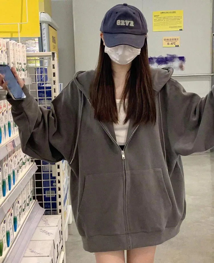 Oversize Women's Sweatshirts Autumn Casual Korean Long Sleeve Hooded Zip-up Y2k Hoodies Streetwear Harajuku Female Clothes Black - Matrix Studios