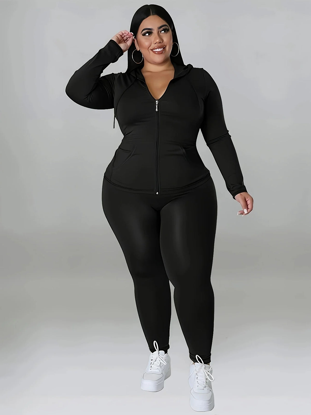 Soft Stretch Solid Color Curvy Athleisure Outfit, Zip Hoodie Tracksuit With Joggers, Comfortable Casual Oversized Matching Set, Versatile All Seasons Wear For Yoga Daily Party Streetwear Activities - Matrix-studios.com