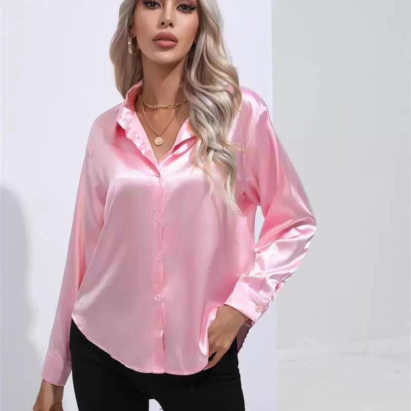 Autumn Casual Women's Blouses Elegant Satin Multicolor Basic Slim Shirt Solid Vintage Trend Ball Dance Party Shirt All-Match Top - Matrix-studios.com