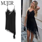 MUJER 2025 Lace Slip Dress Woman Black Backless Short Dresses for Women Asymmetric Party Women's Summer Dress Satin Sexy Dresses - Matrix-studios.com