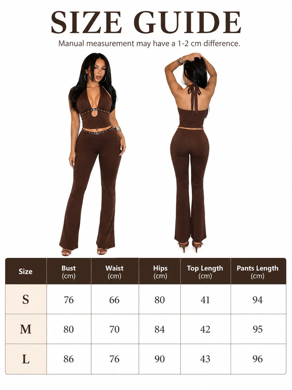 Women 2 Piece Outfits Halter Cutout Crop Top & Flare Pants Set, Metal Buckle Eyelet Detail Sleeveless Bodycon Matching Sets Y2K Club Co‑Ord - Matrix-studios.com