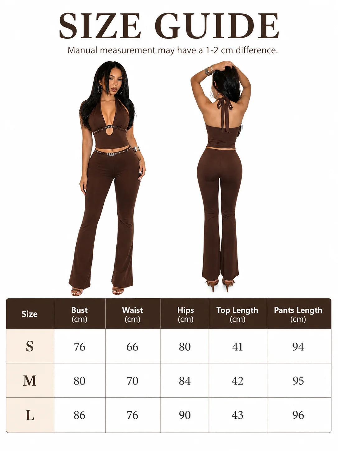 Women 2 Piece Outfits Halter Cutout Crop Top & Flare Pants Set, Metal Buckle Eyelet Detail Sleeveless Bodycon Matching Sets Y2K Club Co‑Ord - Matrix-studios.com