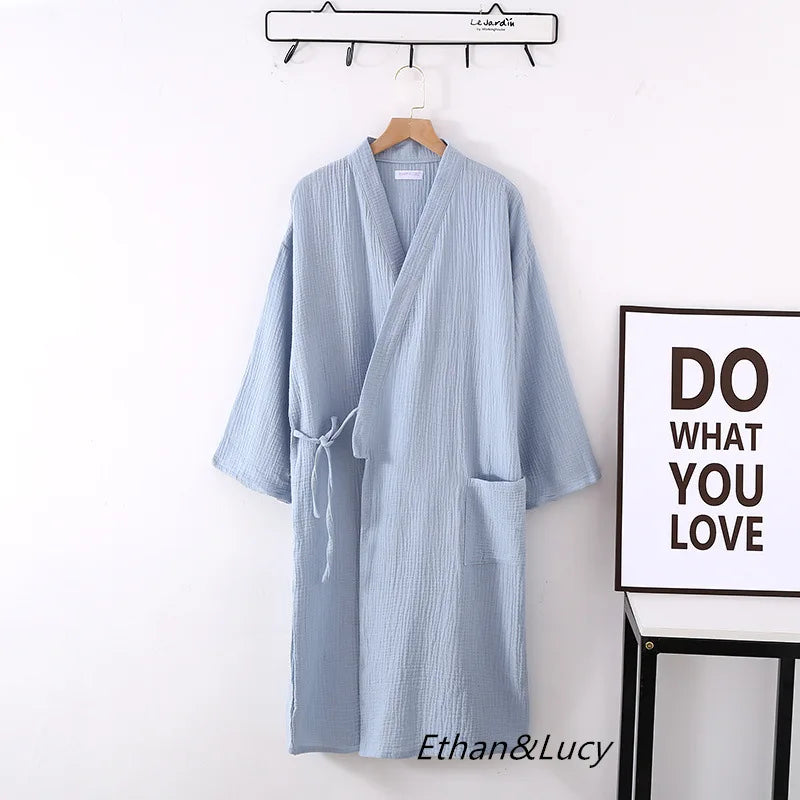 Couples Crepe Gauze Bathrobe Solid 100% Cotton Robe Long-sleeved V-neck Kimono Wedding Robes Sleepwear Plus Size Dressing Gown - Matrix-studios.com
