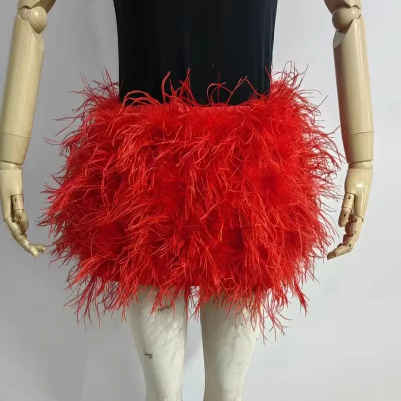 Real feather mini skirt, elastic waist sexy clothing, club, party dance party carnival short skirt can be customized in size - Matrix Studios