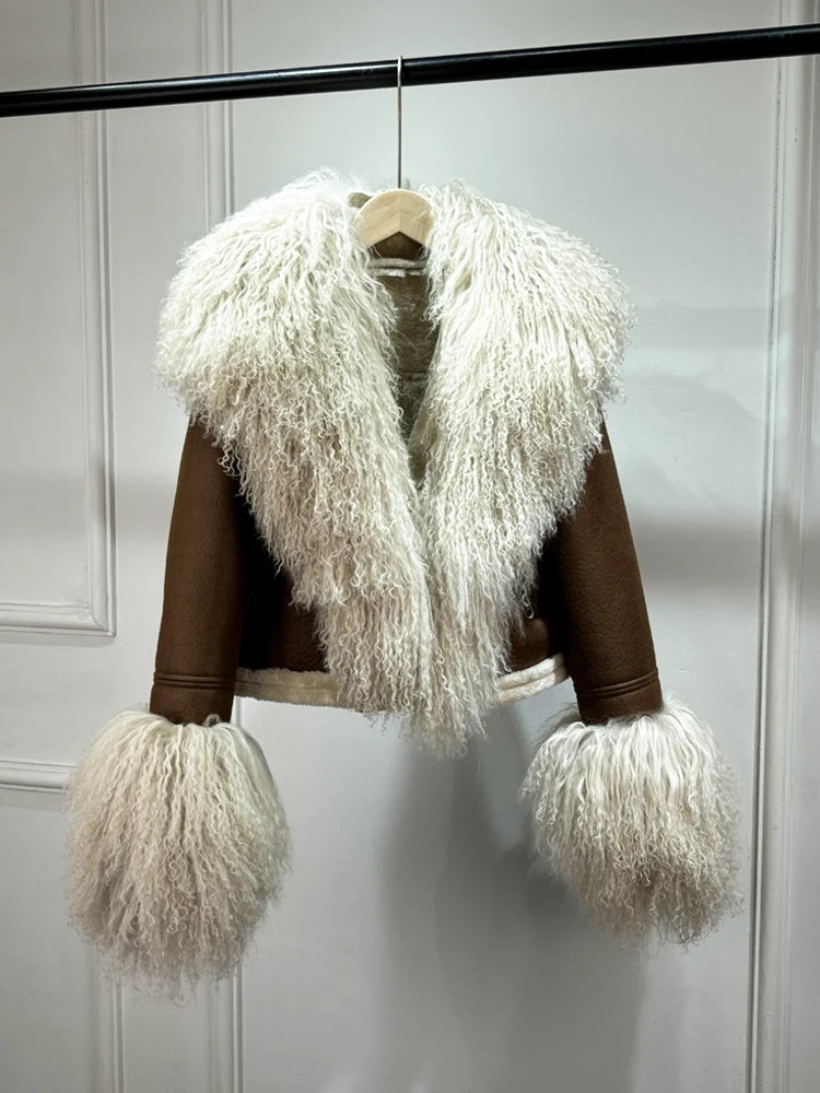 Janveny 2026 Winter Warm Faux Leather Sheepskin Coat Women Large Real Wool Fur Collar Zipper Slim Biker Pu Leather Short Jacket - Matrix Studios