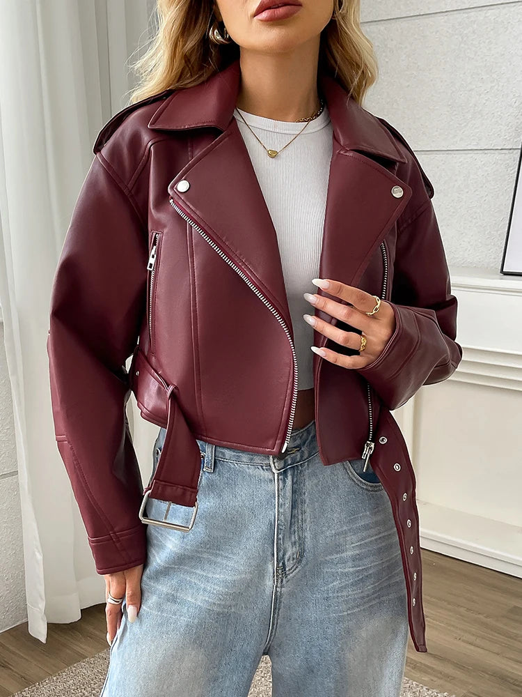Ailegogo Spring Autumn Women Faux Pu Leather Short Jacket with Belt Motorcycle Biker Female Zipper Lapel Loose Coat Outwear - Matrix Studios