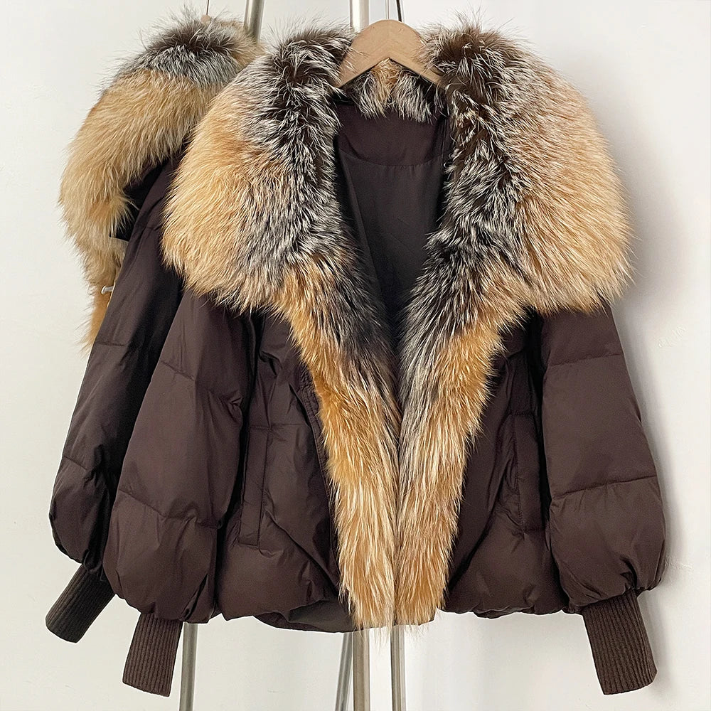 OFTBUY New Winter Large Real Fox Raccoon Fur Puffer Coat Women Oversized Feather Down Parka Knit Sleeve Duck Down Jacket Female - Matrix Studios