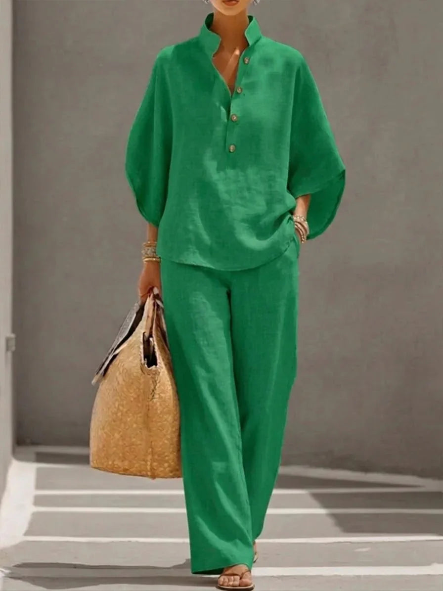 Fashion Cotton Linen  Pant Set  Women's Casual Stand Collar Button Top Wide Leg Trousers 2-piece Set Retro Female Office Suit - Matrix-studios.com