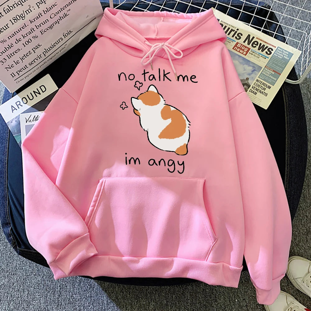 No Talk Me Cute Angry Cat Print Women Hoody Hip Hop Soft Hoodies Casual Fleece Pullovers Oversize Fleece Woman Streetwear