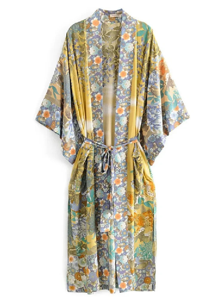 Bohemian Printed Bikini Cover-ups Green Tunic Long Kimono Cardigan Plus Size 2023 Women Beach Wear Swim Suit Cover Up A155 - Matrix Studios