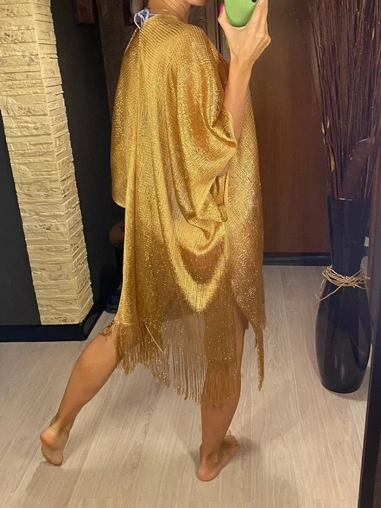 Gold Crochet Cover Up Women Sun Protective Beach Shirt Sheer Mesh Tunic with Shiny Tassel Trim Resort Wear Swimwear Cover Ups - Matrix Studios