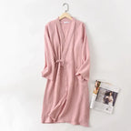 Couples Crepe Gauze Bathrobe Solid 100% Cotton Robe Long-sleeved V-neck Kimono Wedding Robes Sleepwear Plus Size Dressing Gown - Matrix-studios.com