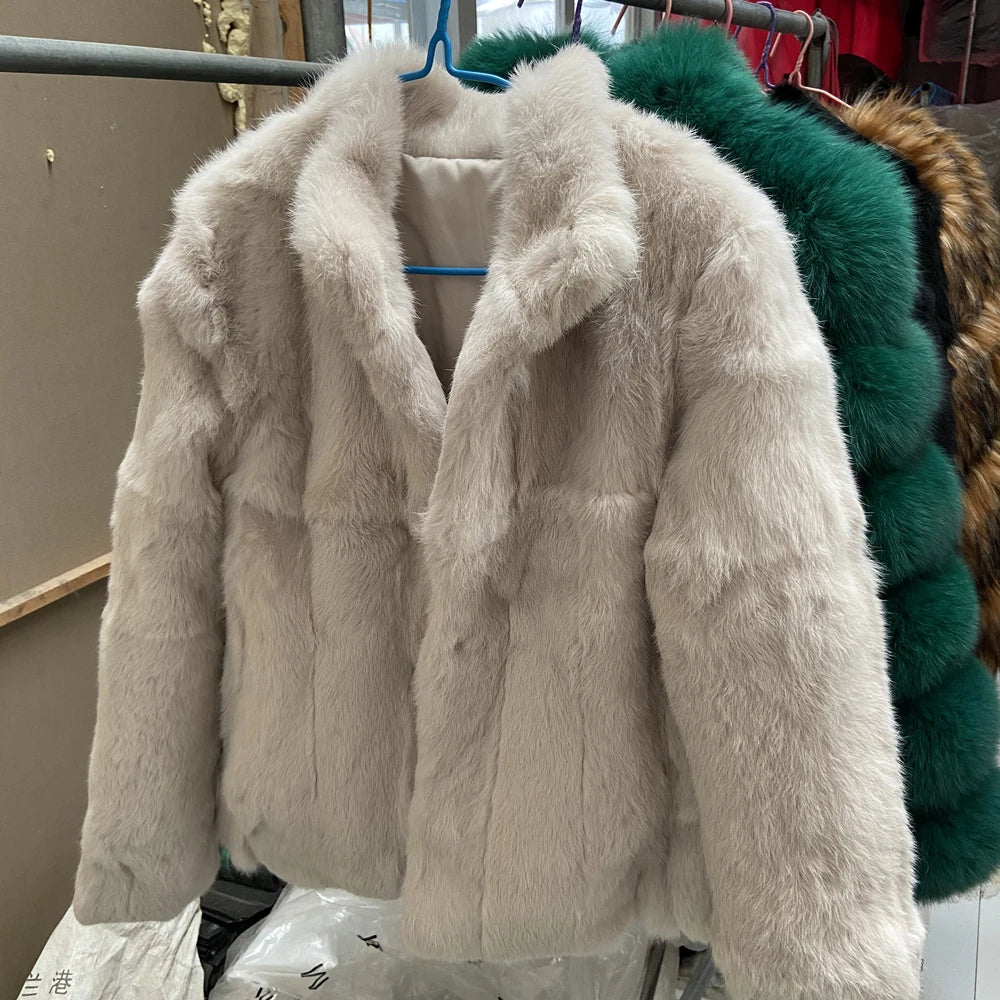 QUEENTINA Real Rabbit Fur Coat Woman Luxury Fashion Leather Autumn Winter Jacket Whole Skin 2023 For Female Natural Feather - Matrix Studios