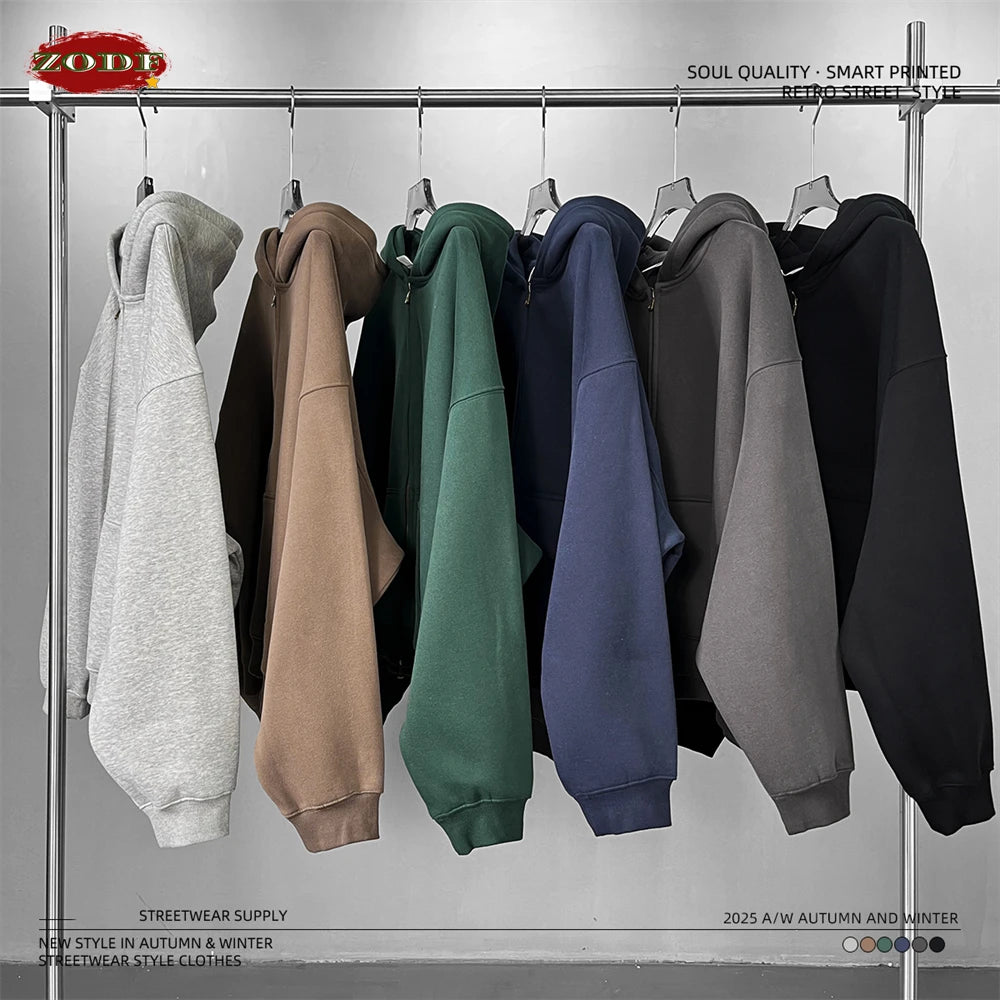 ZODF Trendy 2025 Winter Man Solid Fleece Boxy Hoodies Unisex 350gsm Double Head Zipper Hooded Sweatshirts Coat HY1122 - Matrix Studios