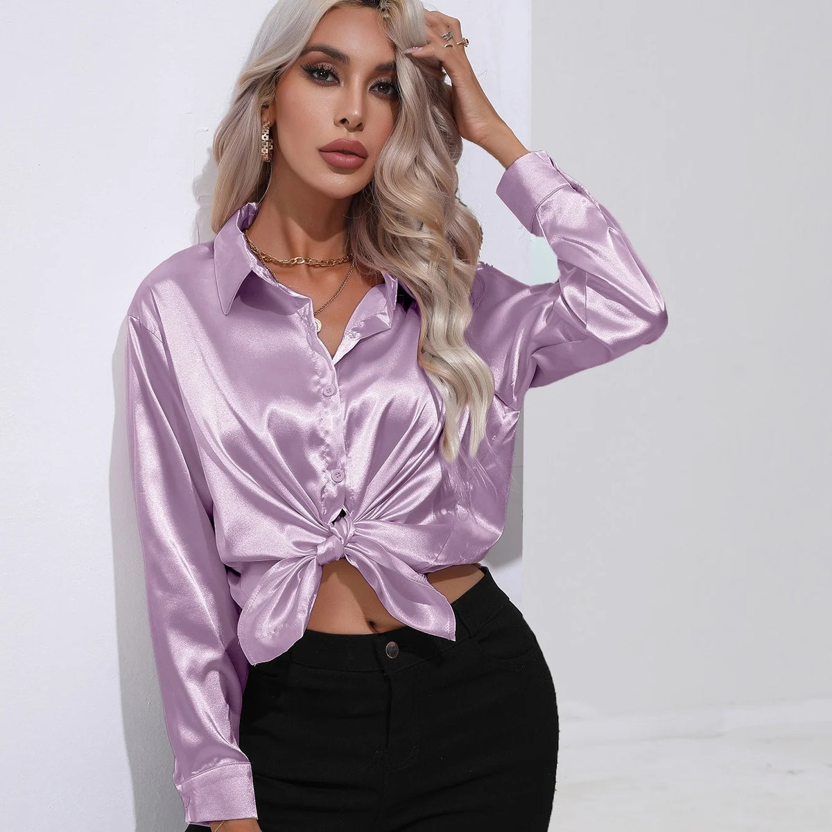 Autumn Casual Women's Blouses Elegant Satin Multicolor Basic Slim Shirt Solid Vintage Trend Ball Dance Party Shirt All-Match Top - Matrix-studios.com