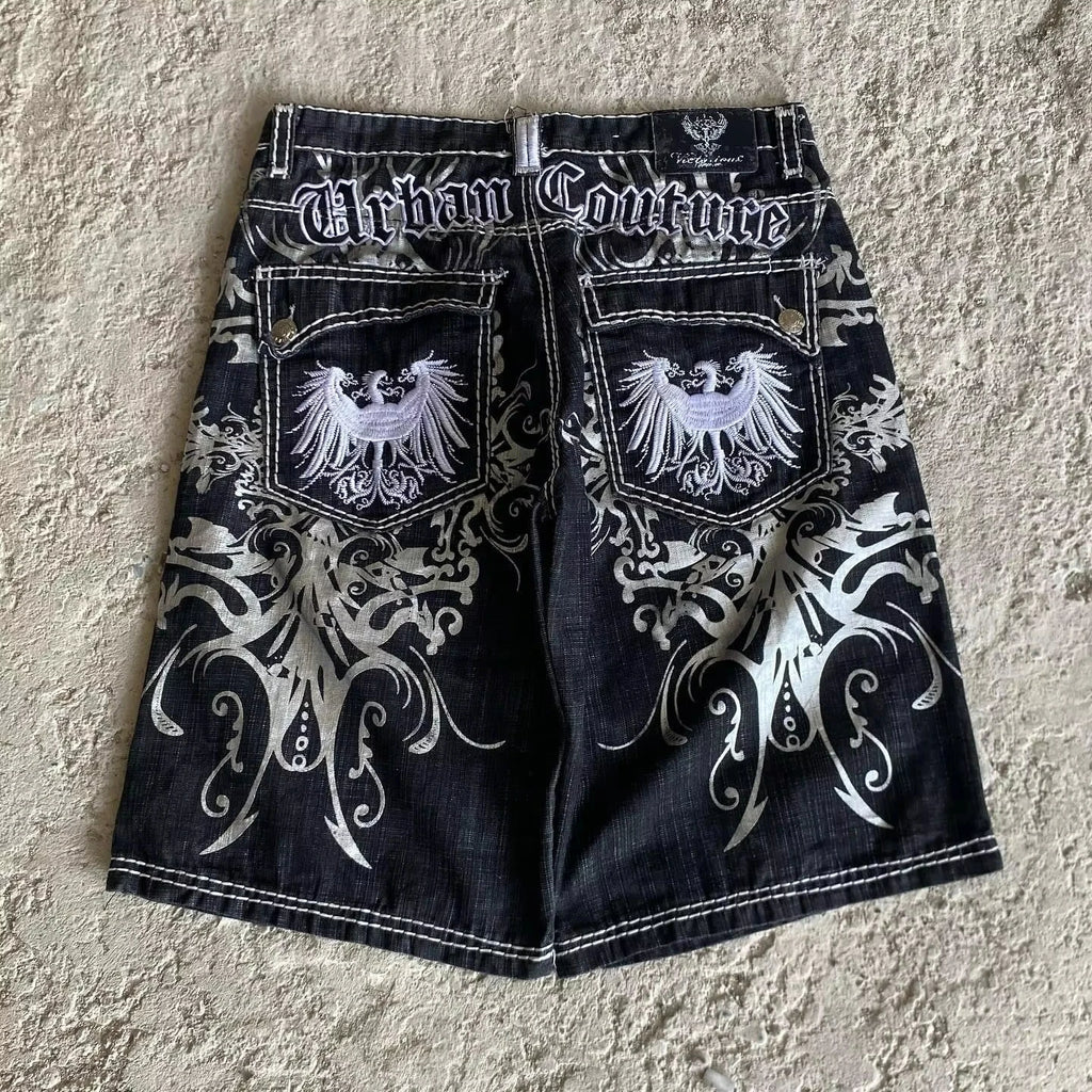 American New Retro Letter Embroidery Tooling Denim Shorts Trend Gothic Y2K Harajuku Hip-hop Loose Sports Shorts Street clothes